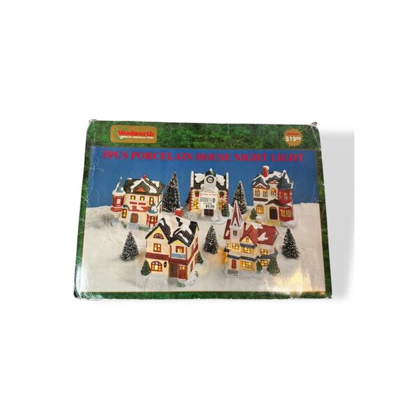 Woolworth 5Pc Porcelain House Night Light Set Snowy Village Christmas Vintage - Picture 2 of 16
